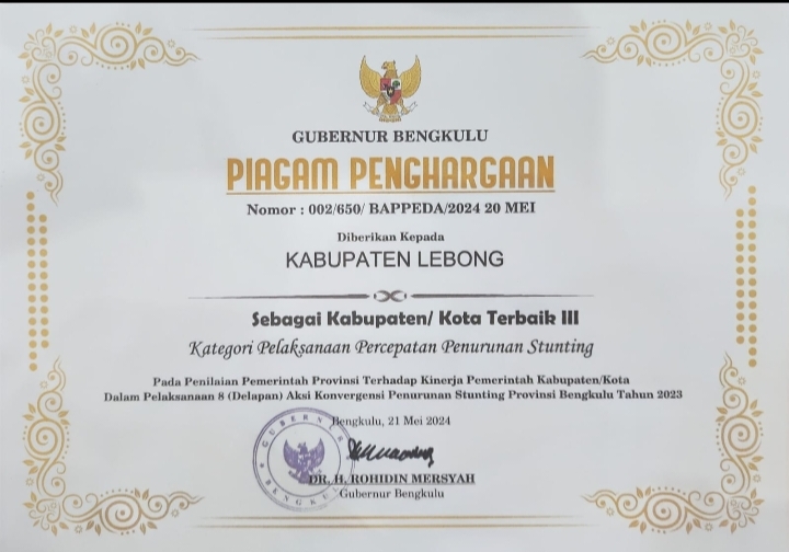Kabupaten Lebong, Raih Peringkat Tiga Terbaik Penanganan Stunting di Bengkulu
